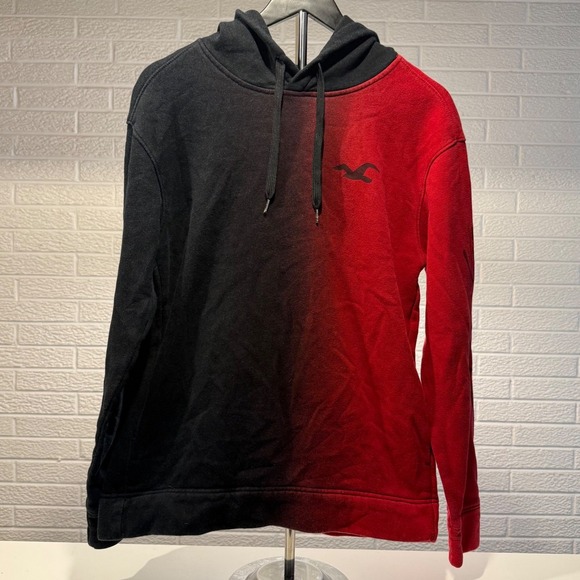 Hollister California Mens Hoodie Red Black Color Block Pullover Sweatshirt - Picture 1 of 5